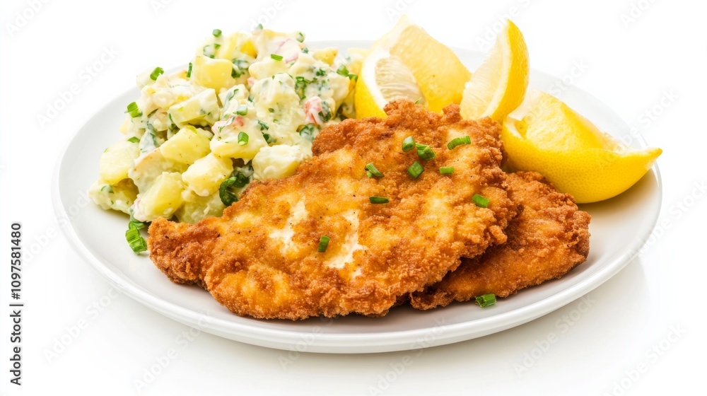 A plate of crispy chicken schnitzel served with a side of lemon wedges and potato salad, Each schnitzel golden brown and juicy A plate of crispy chicken schnitzel served with a side of lemon wedges and potato salad, Each schnitzel golden brown and juicy