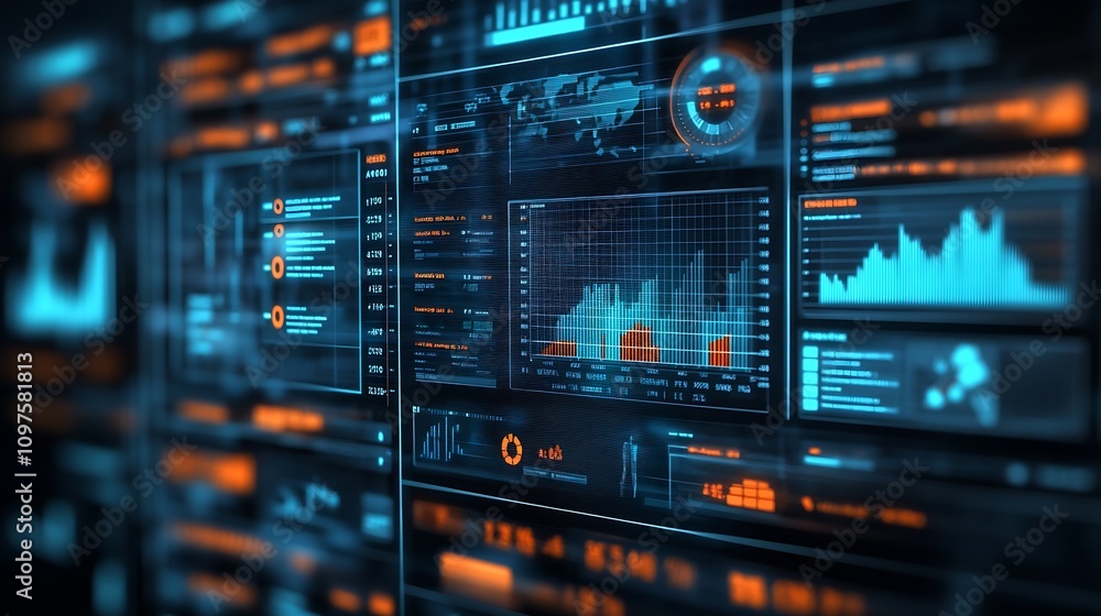 Naklejka premium High tech digital analytics screen displaying complex data and visual graphs : Generative AI