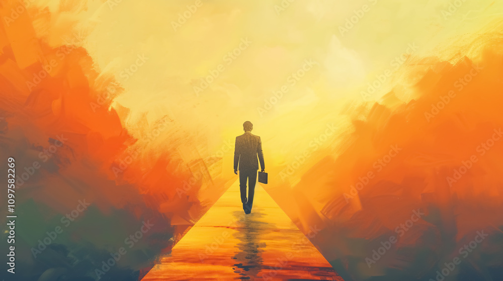 Businessman walking towards his ambition. Businessman walking towards his ambition.