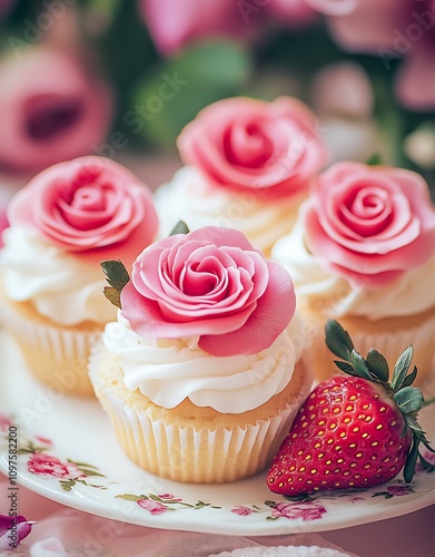 Elegant Cupcakes with Pink Rose Decorations and Fresh Strawberries on Floral Plate : Generative AI