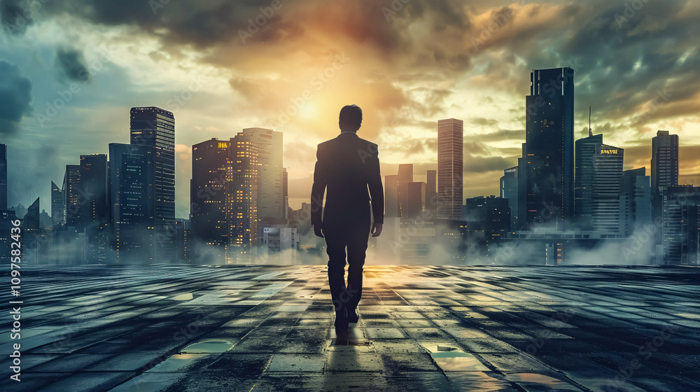 Businessman walking towards his ambition. Businessman walking towards his ambition.