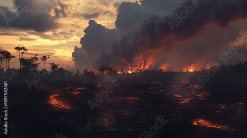 Dramatic Volcanic Eruption with Lava Flow and Ash Clouds at Sunset : Generative AI