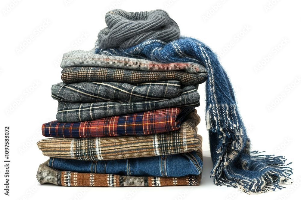 A pile of clothes with a blue scarf on top A pile of clothes with a blue scarf on top