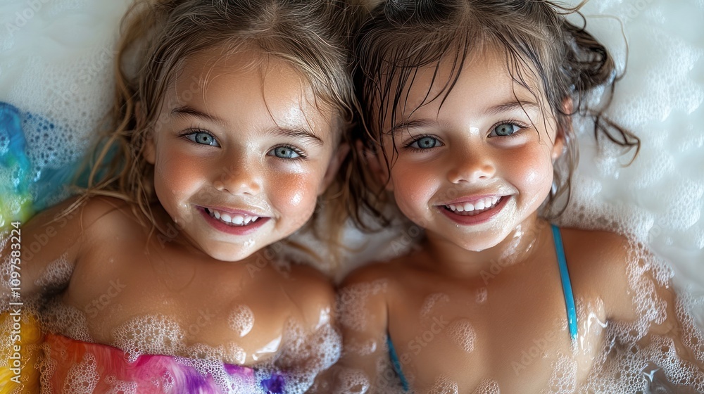 Twin girls enjoying a bubbly bath time, pure joy and innocence radiating from their bright eyes and smiles Twin girls enjoying a bubbly bath time, pure joy and innocence radiating from their bright eyes and smiles