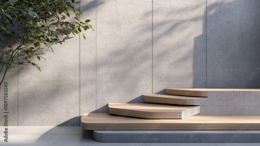 Modern Architectural Design with Artistic Wooden Steps and Minimalist Concrete Wall backdrop in a Serene Outdoor Setting Modern Architectural Design with Artistic Wooden Steps and Minimalist Concrete Wall backdrop in a Serene Outdoor Setting