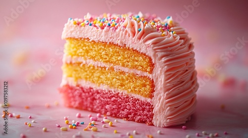 A vibrant, layered cake with pink frosting and colorful sprinkles, showcasing alternating yellow and pink sponge layers against a soft pink background.