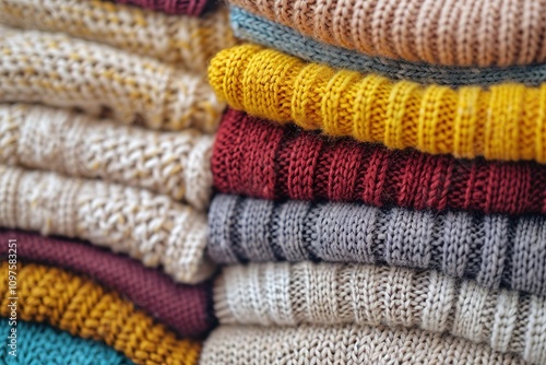 A pile of knitted sweaters in various colors and textures