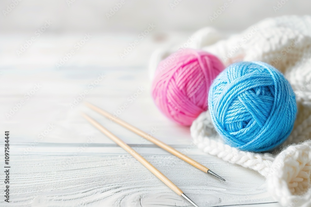 Two balls of yarn, one blue and one pink Two balls of yarn, one blue and one pink