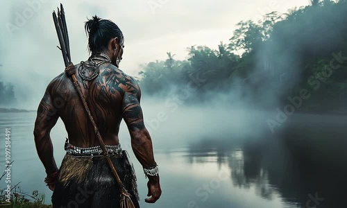 Tattooed indigenous man with spear, standing by a misty river in the jungle, looking away.