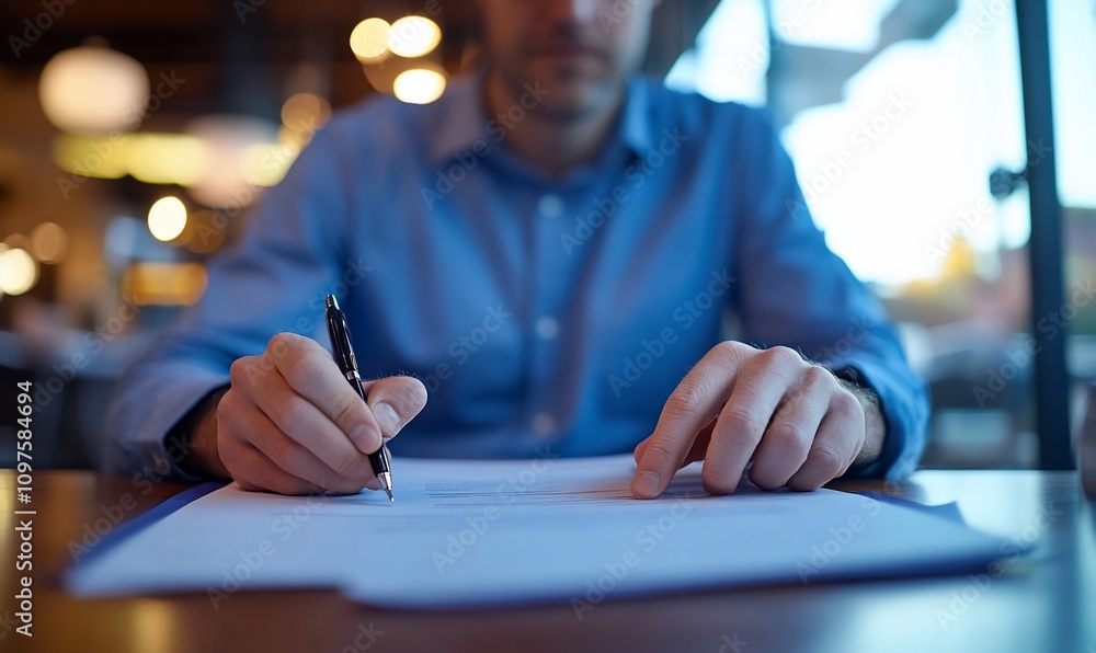 Man signing document at cafe table. Man signing document at cafe table.