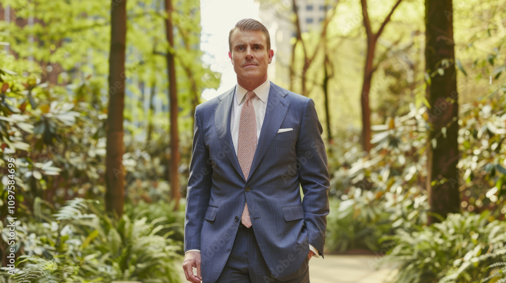 Confident businessman in a blue suit standing outdoors in an urban garden, symbolizing leadership, professionalism, and modern corporate success. Confident businessman in a blue suit standing outdoors in an urban garden, symbolizing leadership, professionalism, and modern corporate success.