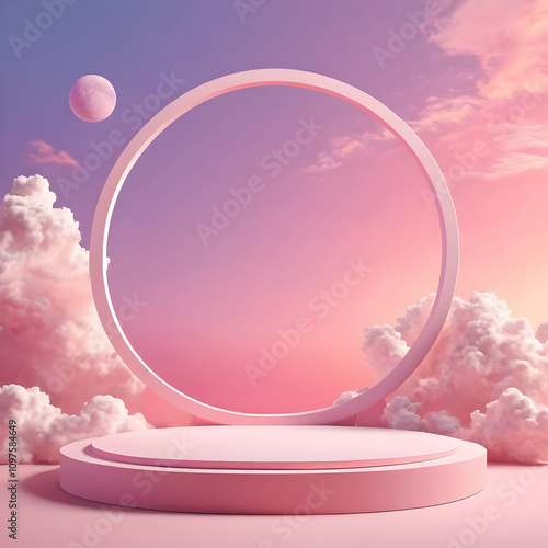 3D soft pink circle podium display on fantasy sky pastel color background. Vector Illustration