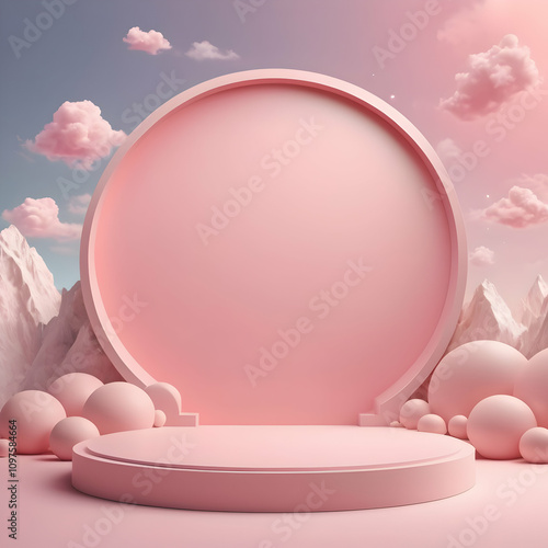 3D soft pink circle podium display on fantasy sky pastel color background. Vector Illustration