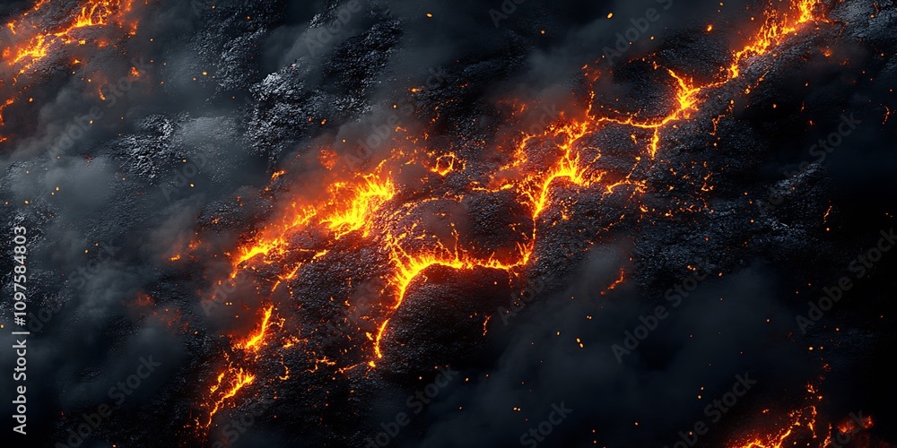 Molten Lava Flowing on a Volcano with Intense Heat and Glowing Ember Cracks at Night : Generative AI Molten Lava Flowing on a Volcano with Intense Heat and Glowing Ember Cracks at Night : Generative AI
