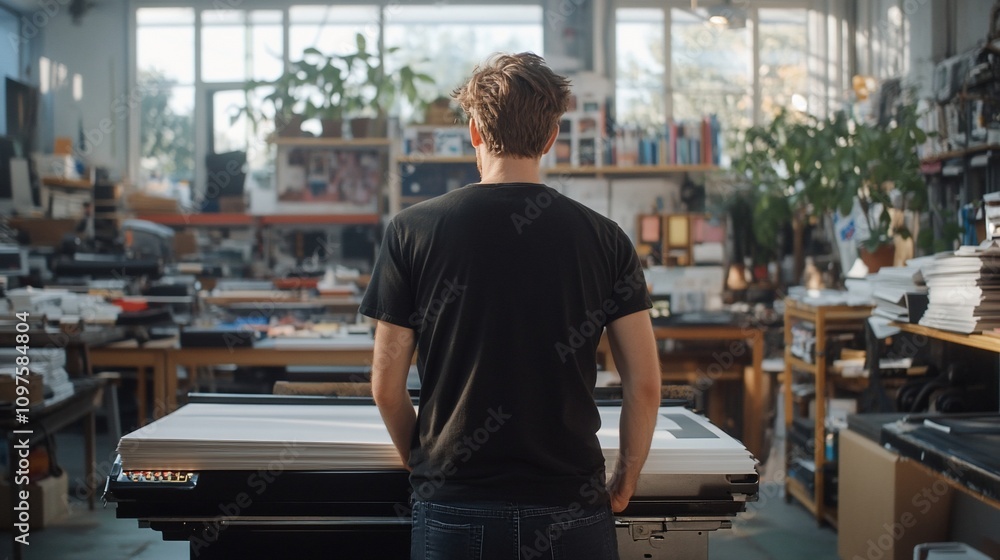 Man standing in a print shop, looking at large format printer. Man standing in a print shop, looking at large format printer.