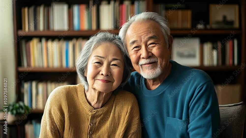 Elderly Couple Smiling in Cozy Home Library Setting Elderly Couple Smiling in Cozy Home Library Setting