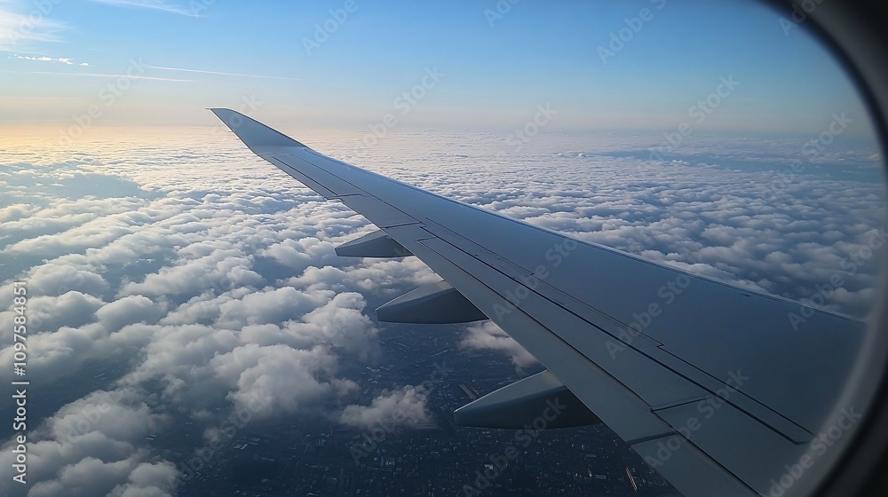 Fototapeta premium porthole, airplane wing, light clouds, sunny weather, travel