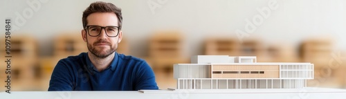 A man with glasses sits beside a detailed architectural model of a building in a bright, minimalist workspace.