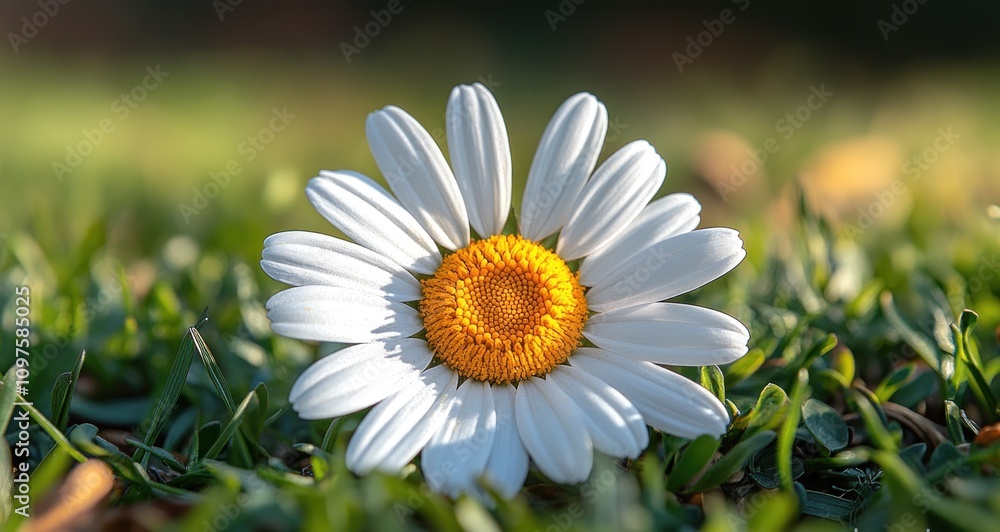 Fototapeta premium A Single Daisy in the Grass: A Breathtaking Close-Up
