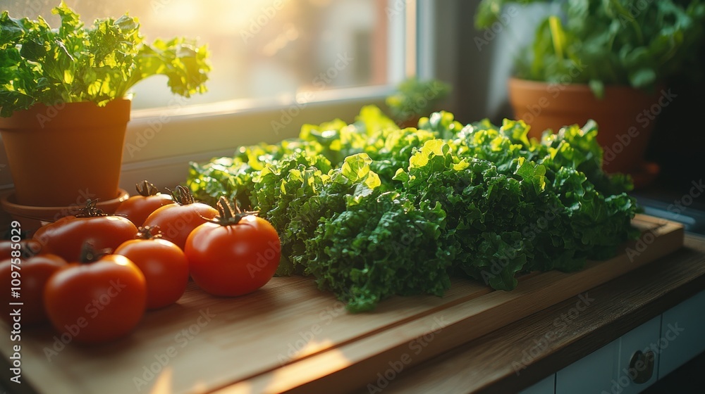 Sunlit Kitchen Windowsill Garden: Fresh Tomatoes and Lettuce Harvest Sunlit Kitchen Windowsill Garden: Fresh Tomatoes and Lettuce Harvest