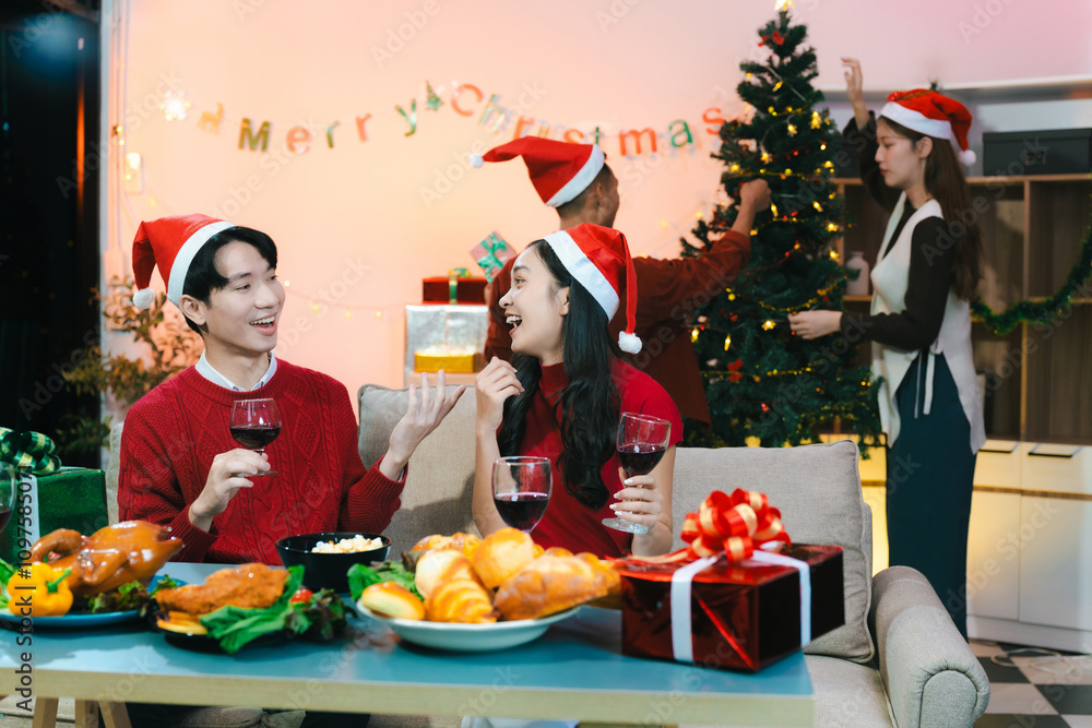 Dinner and group of people celebrating together at Merry Christmas. Dinner and group of people celebrating together at Merry Christmas.