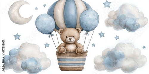 Cute teddy bear hot air balloon watercolor illustration with balloons clouds stars and moon for baby shower invitation and birthday party decoration