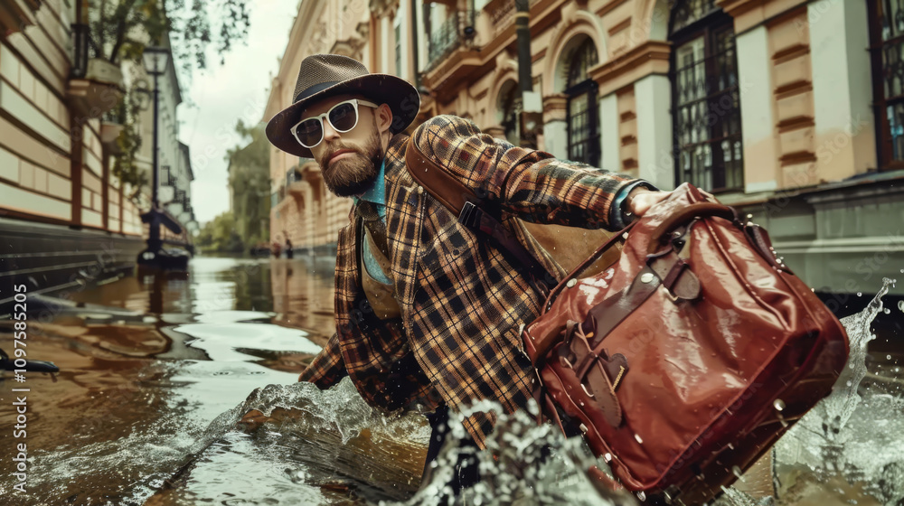 Naklejka premium Stylish entrepreneur in a plaid suit navigating a flooded street with a leather bag, showcasing adaptability, resilience, and crisis-ready professionalism.