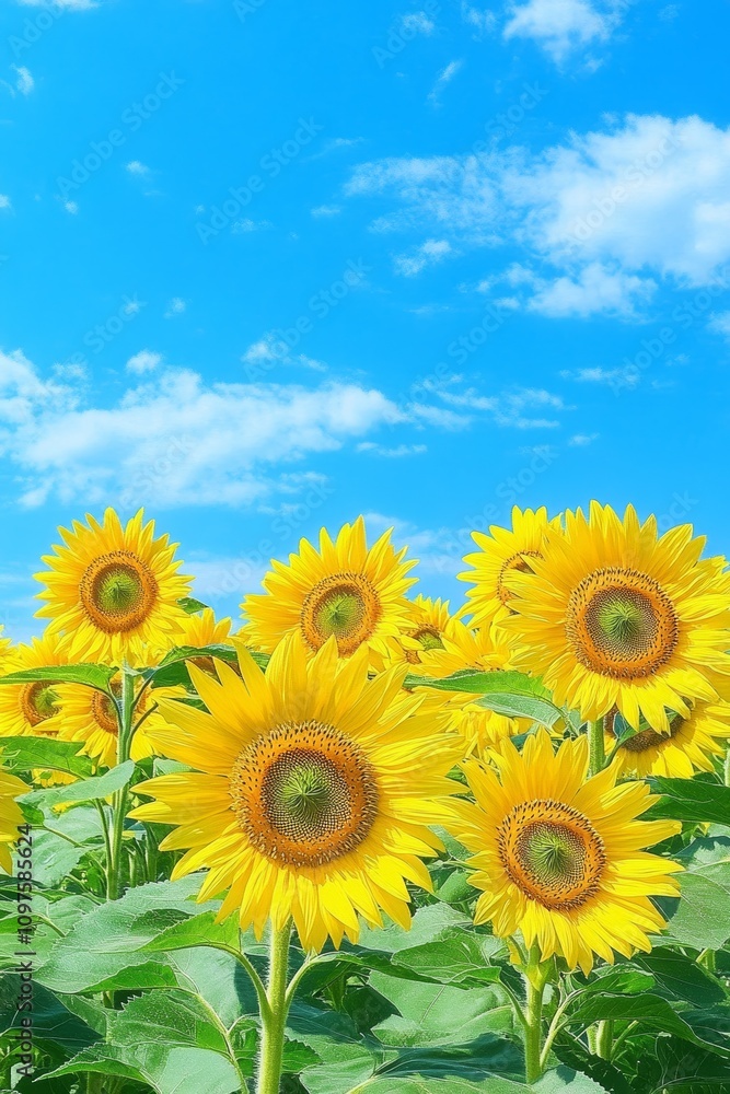 Sunflower Field in Full Bloom with Bright Blue Sky