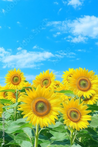 Sunflower Field in Full Bloom with Bright Blue Sky