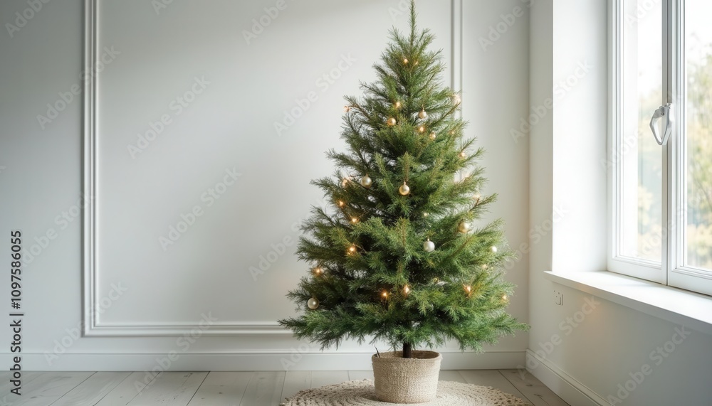 A Serene Christmas Morning: A Beautifully Decorated Christmas Tree in a Minimalist White Room Basking in Soft Natural Light A Serene Christmas Morning: A Beautifully Decorated Christmas Tree in a Minimalist White Room Basking in Soft Natural Light