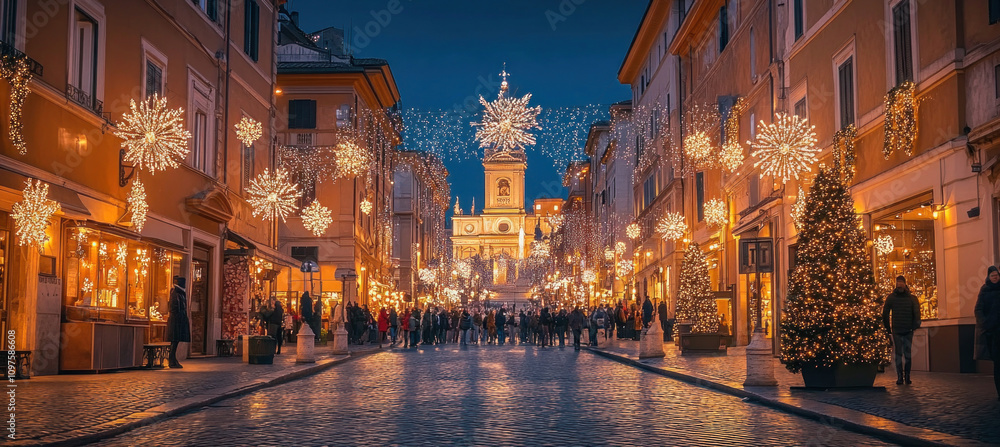 Naklejka premium Christmas lights illuminating via condotti in rome at twilight