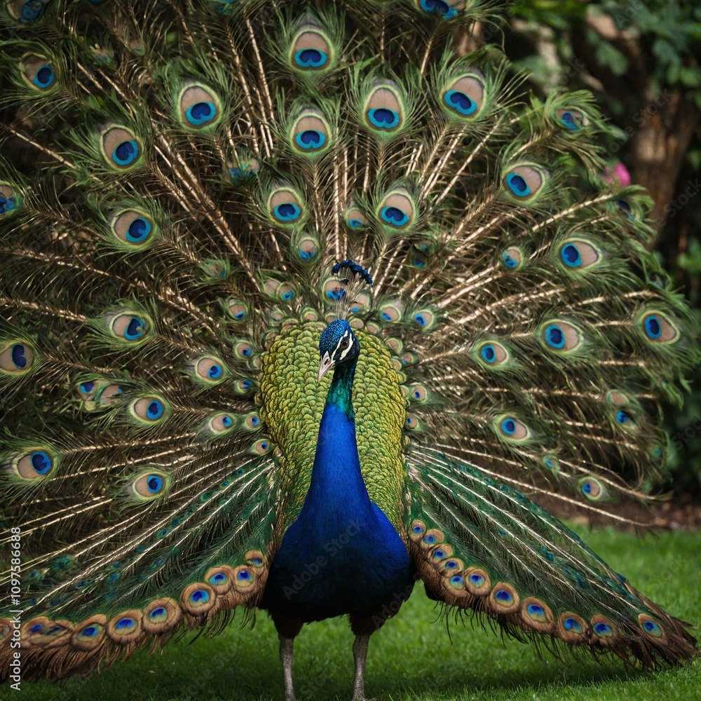 Naklejka premium A peacock displaying its vibrant feathers in a lush green garden.