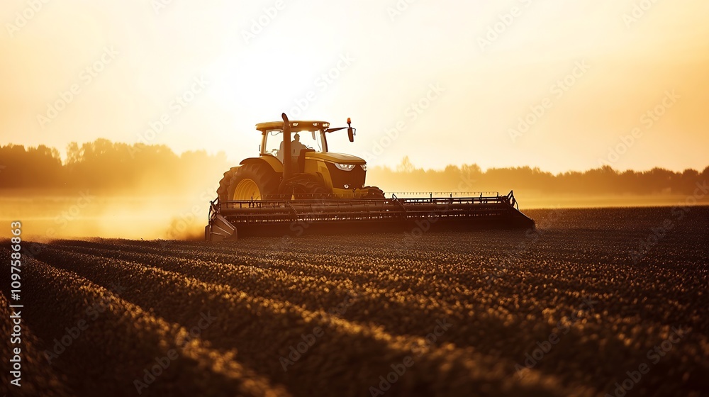 Golden Hour Farming Tractor in Dusty Wheat Field at Sunrise : Generative AI Golden Hour Farming Tractor in Dusty Wheat Field at Sunrise : Generative AI