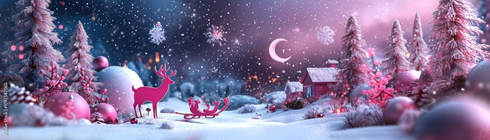 Magical winter wonderland with sleigh and reindeer snowy landscape christmas theme night view festive atmosphere Magical winter wonderland with sleigh and reindeer snowy landscape christmas theme night view festive atmosphere