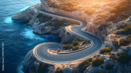 scenic winding road hugs the edge of rocky cliffs overlooking the ocean. The golden light of sunset enhances the natural beauty of the rugged coastline and tranquil waters. photo