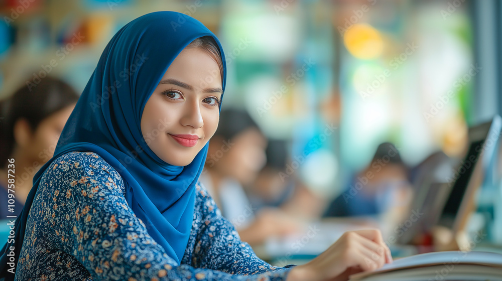 Muslim female student writing while attending at class at the university. Education regardless of religion Muslim female student writing while attending at class at the university. Education regardless of religion