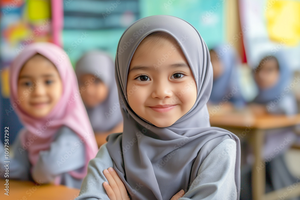 Muslim female student writing while attending at class at the university. Education regardless of religion Muslim female student writing while attending at class at the university. Education regardless of religion