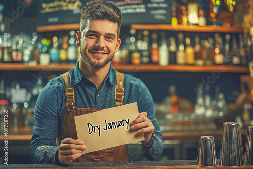 The bartender stands behind the bar and holds a sign with the text 