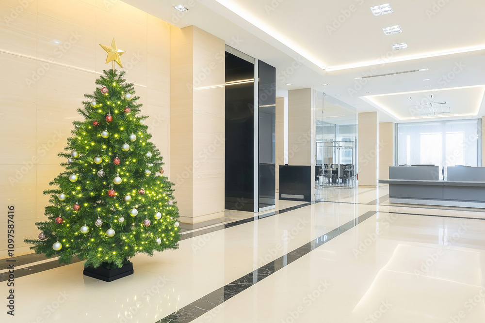 Fototapeta premium Christmas Tree in modern office near big window and building view in city