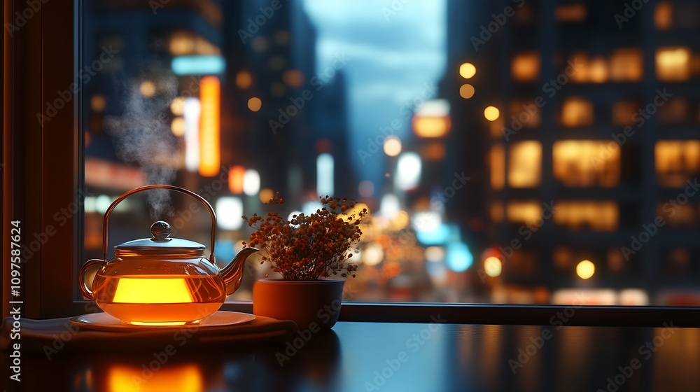 Warm Evening Tea Experience with Steaming Pot and Cityscape View : Generative AI Warm Evening Tea Experience with Steaming Pot and Cityscape View : Generative AI