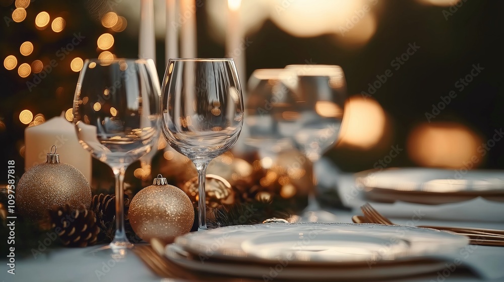Table setting with white tablecloth, glass of wine, white plate, silverware, folded napkin and Christmas decorations including pine branches and lit candles. For Christmas night Table setting with white tablecloth, glass of wine, white plate, silverware, folded napkin and Christmas decorations including pine branches and lit candles. For Christmas night