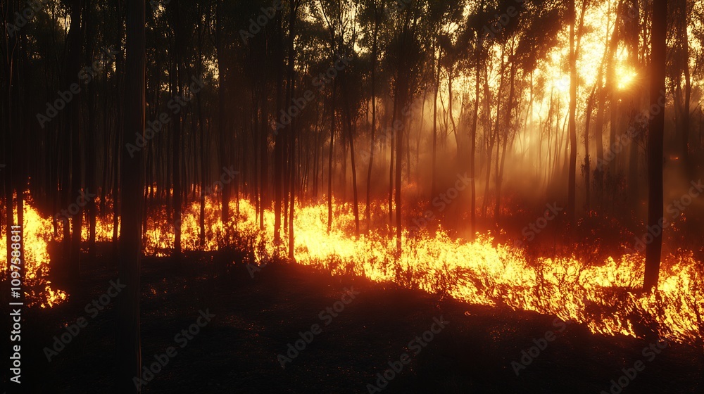 Massive wildfire spreading through a forest with brilliant orange flames and heavy smoke : Generative AI Massive wildfire spreading through a forest with brilliant orange flames and heavy smoke : Generative AI