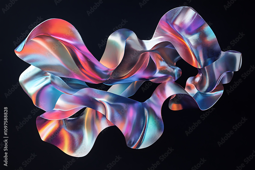 Vibrant abstract design featuring flowing shapes with iridescent colors against a dark background Vibrant abstract design featuring flowing shapes with iridescent colors against a dark background