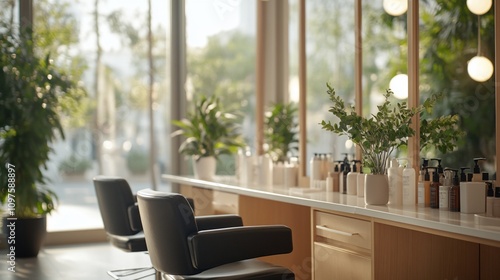 Modern hair salon interior with stylish chairs, large windows, and plants.