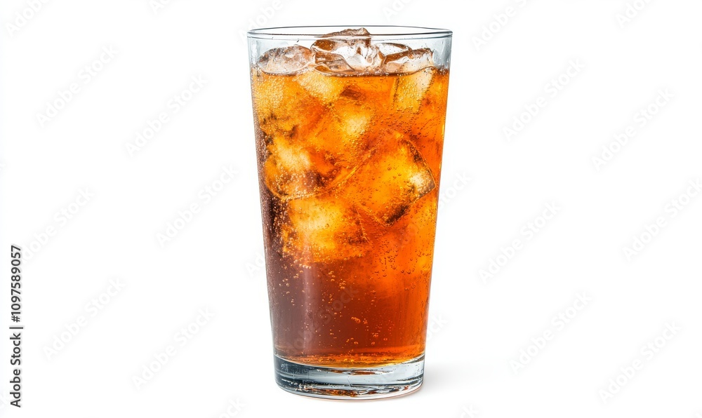 Iced tea with golden tones and ice cubes in a glass Iced tea with golden tones and ice cubes in a glass