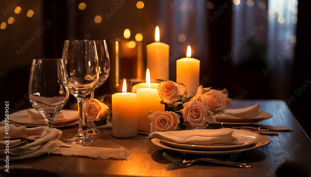 Fototapeta premium Candlelit Table with Roses, Cutlery, and Wine Glass, Creating a Dinner Atmosphere