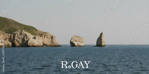 Rugged cliffs rising from a calm blue sea