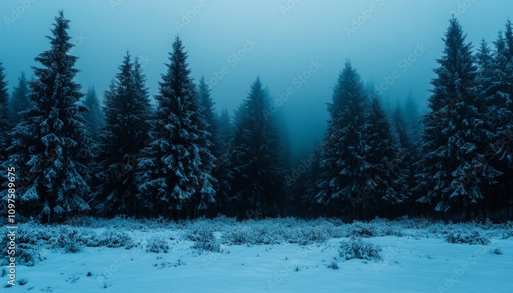 Obraz premium Snowy Pine Forest in Foggy Winter Atmosphere