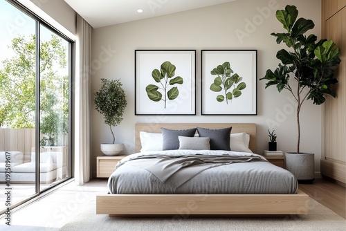 Modern bedroom with large bed grey bedding leafy plants natural light wood accents big windows photo