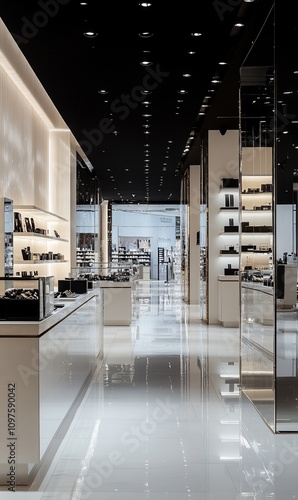 Modern luxury retail store interior with sleek displays and bright lighting.